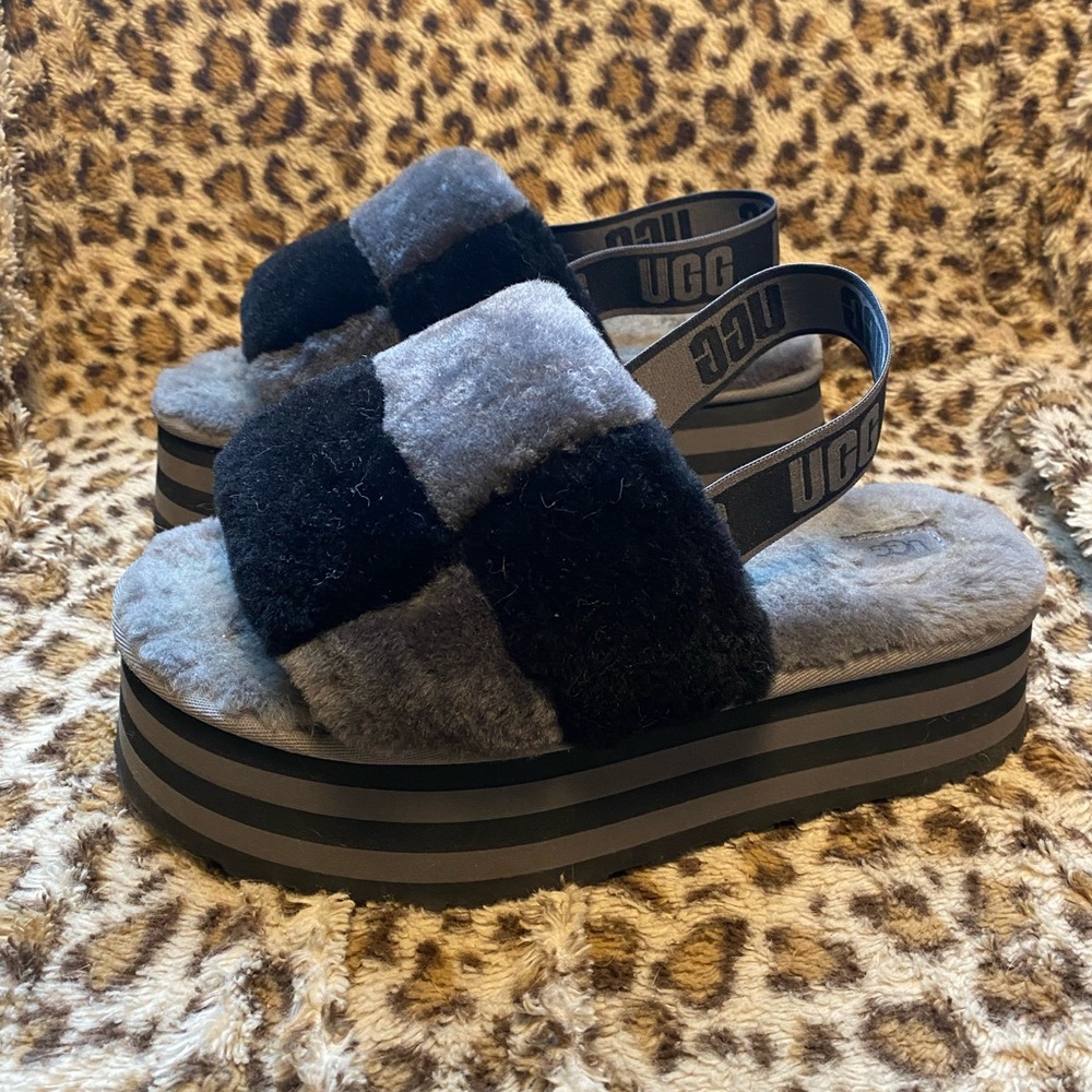 UGG Black and Gray Disco Slides with Plush Comfort